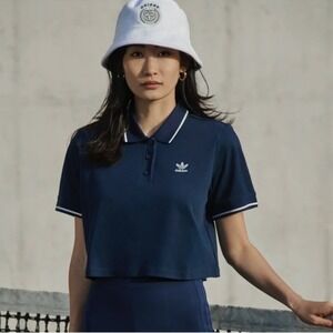 Women's Adidas Originals Tennis Luxe Logo Cropped Navy Blue Polo Shirt M